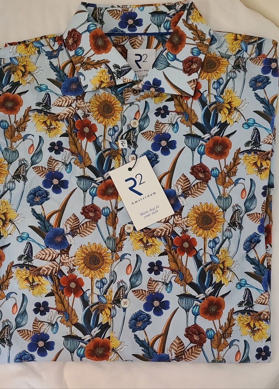 R2 Amsterdam Light Blue Floral Button-Up Shirt with Yellow & Navy Accents